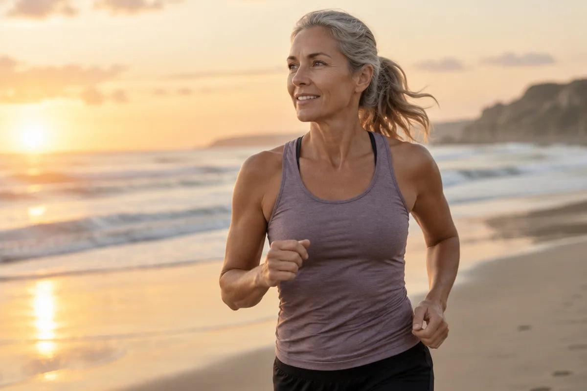 A woman running along a beach at sunset