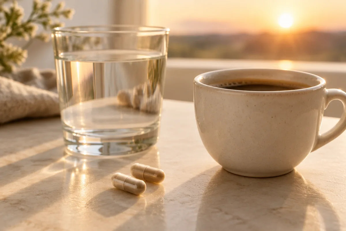 Two capsules on a table beside a glass of water and a cup of coffee at sunrise