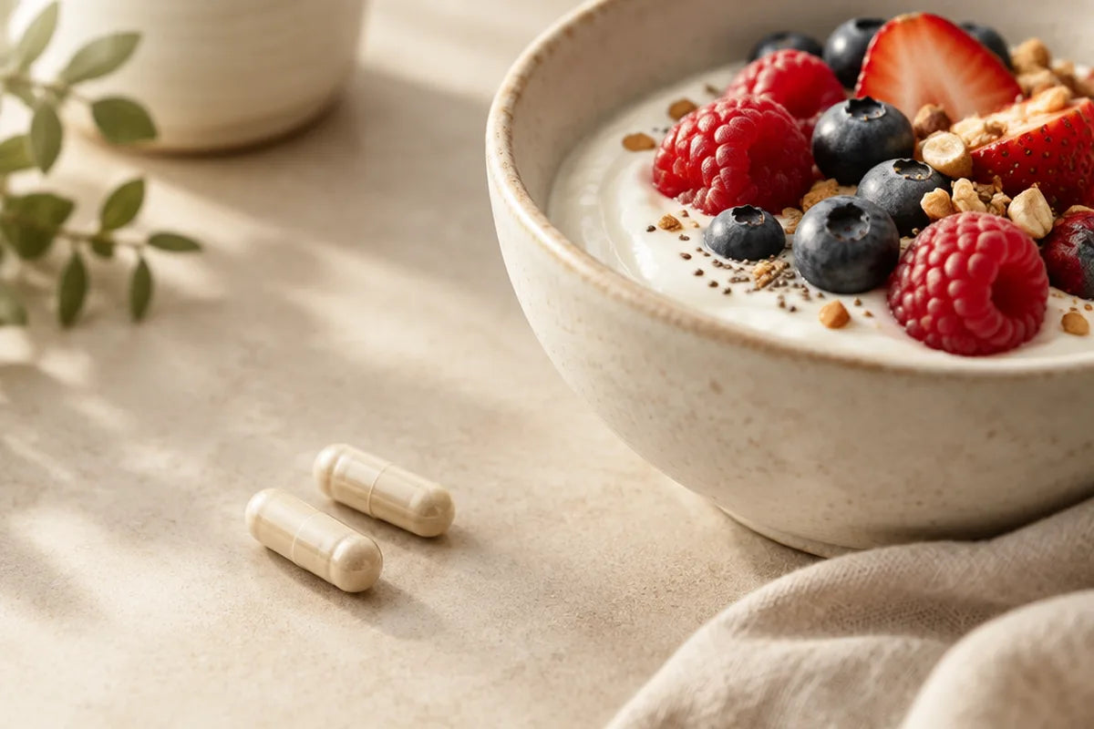 Two capsules next to a bowl of yoghurt with berries
