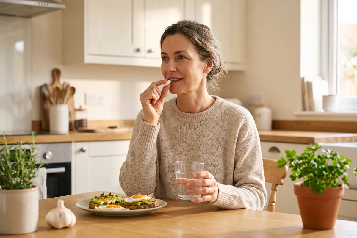A woman taking an Aged Odourless Garlic softgel with a glass of water at the kitchen table during breakfast