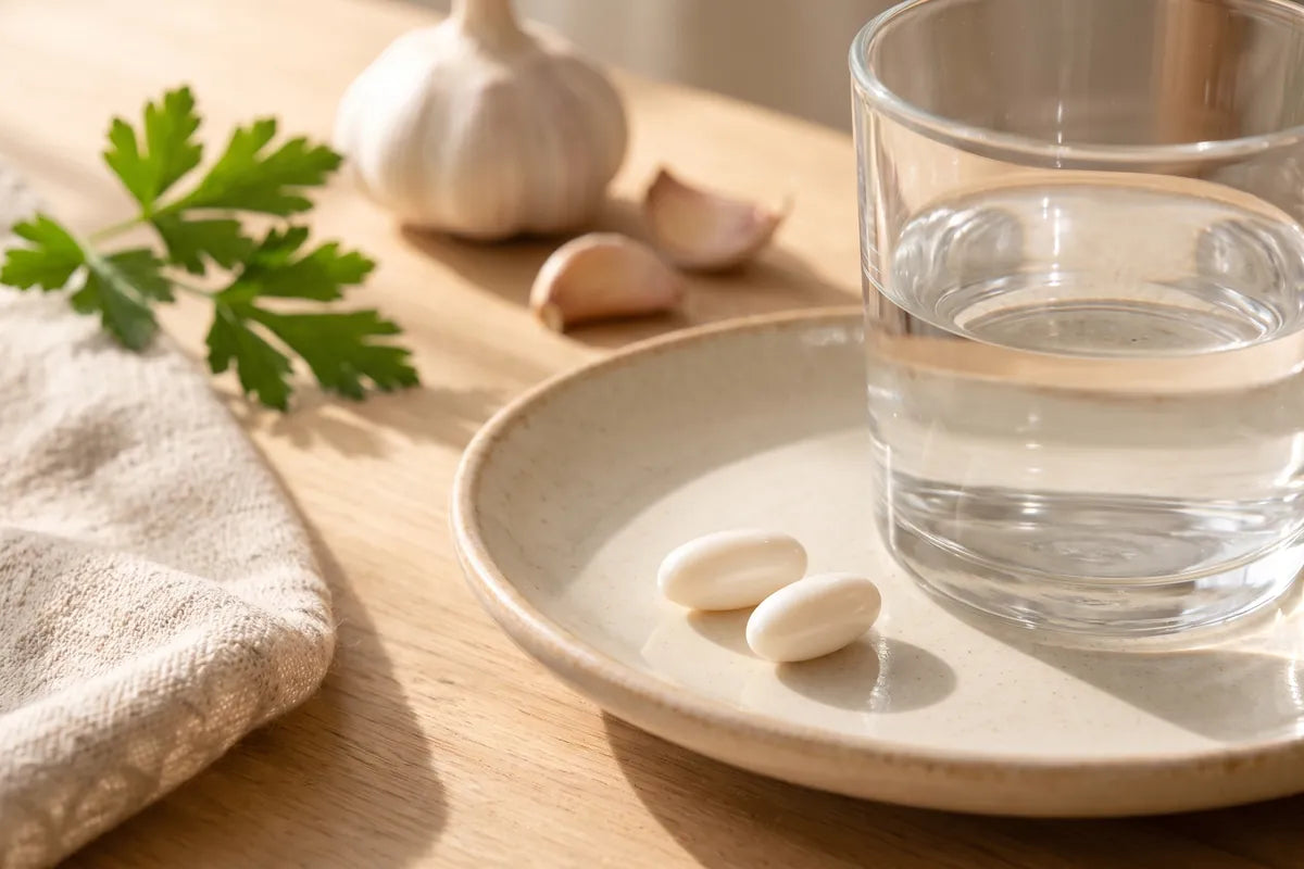 Two white Aged Odourless Garlic softgels on a ceramic saucer next to a glass of water, with a garlic bulb and fresh parsley