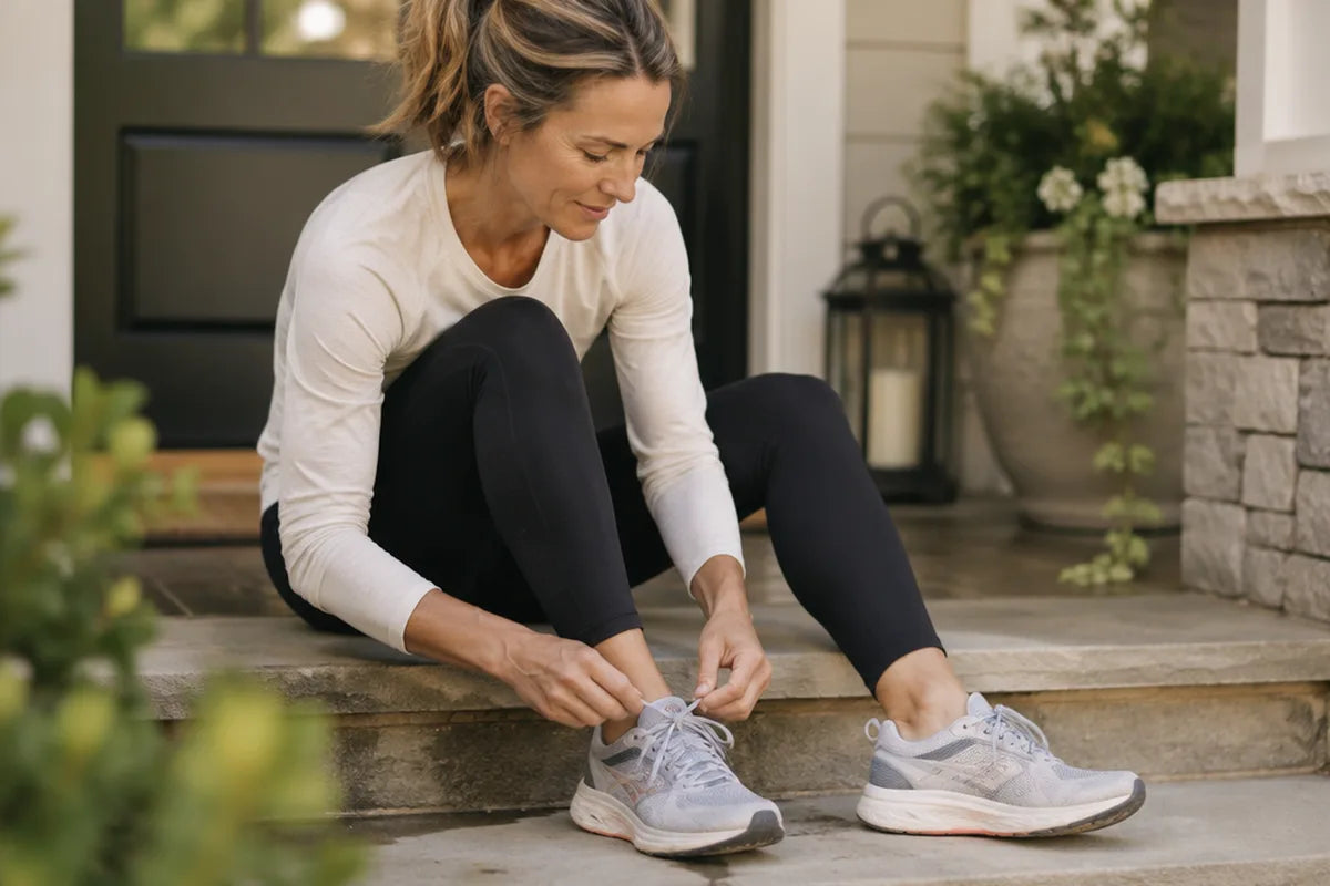 A woman tying her running shoes on a doorstep