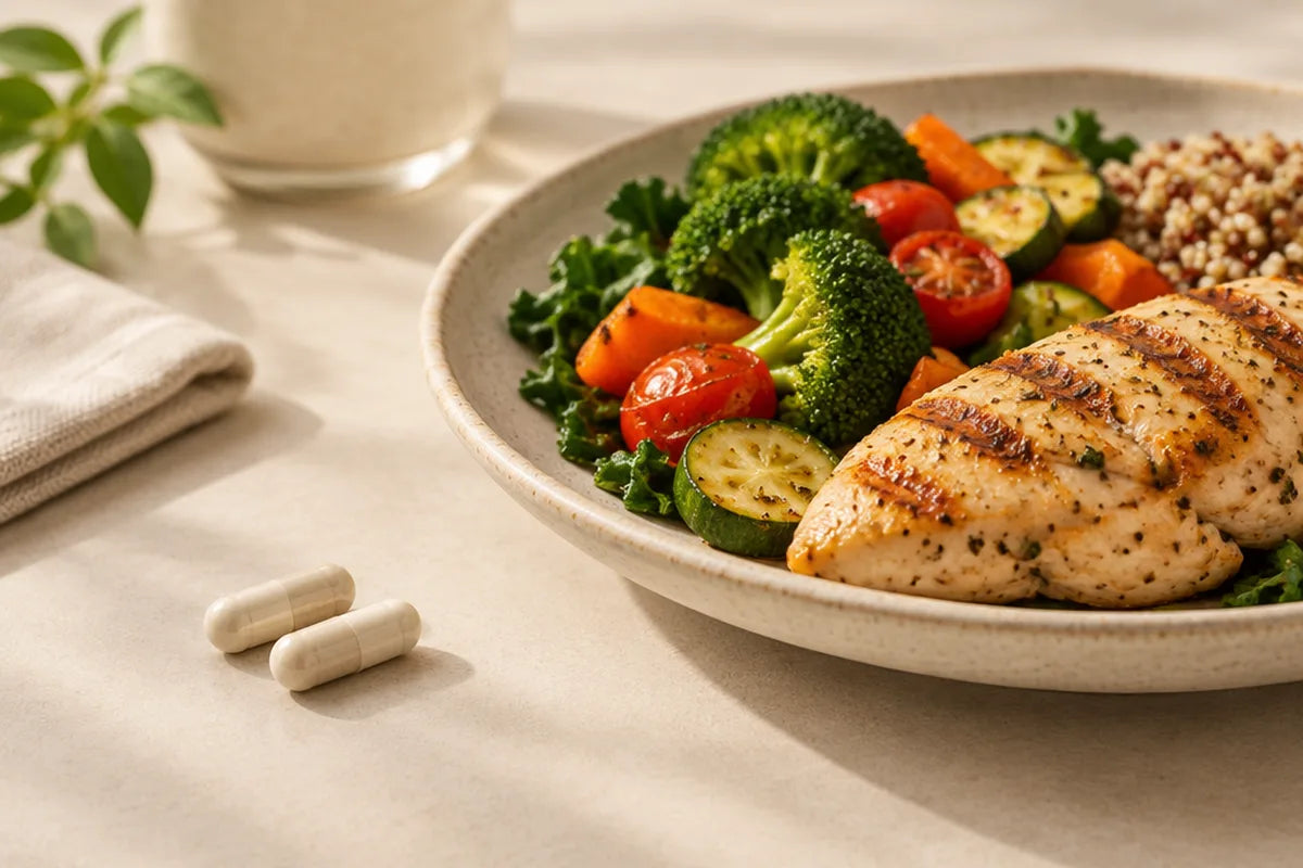 Two capsules next to a plate of grilled chicken and vegetables