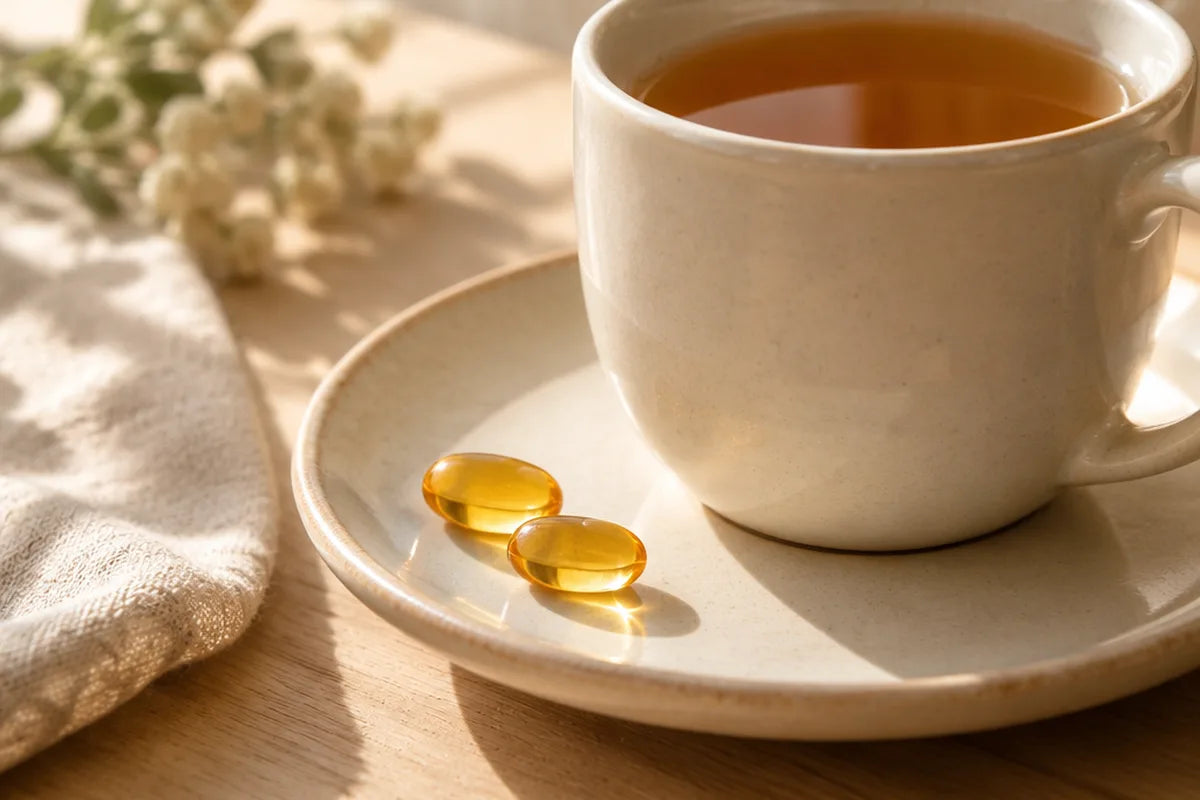 Two Wild Oil of Oregano softgels on a saucer next to a cup of tea