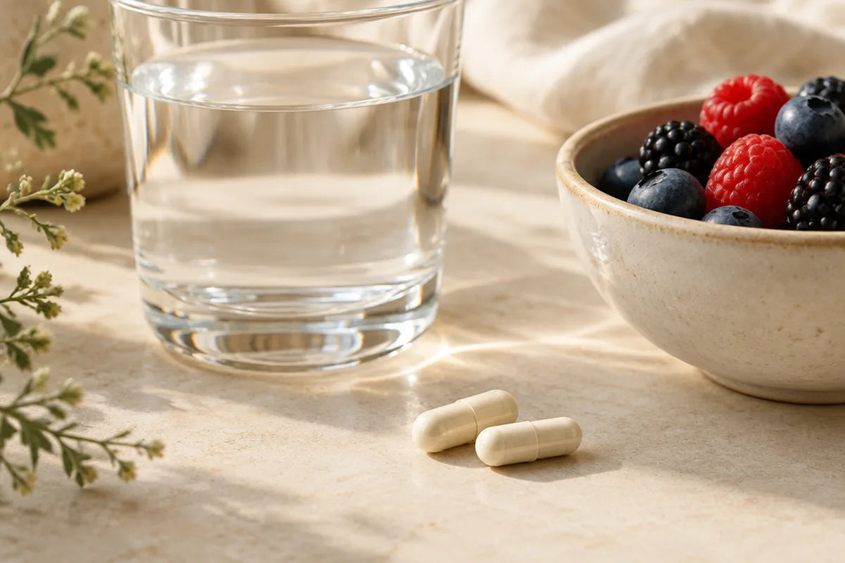 Two capsules next to a glass of water and a bowl of berries