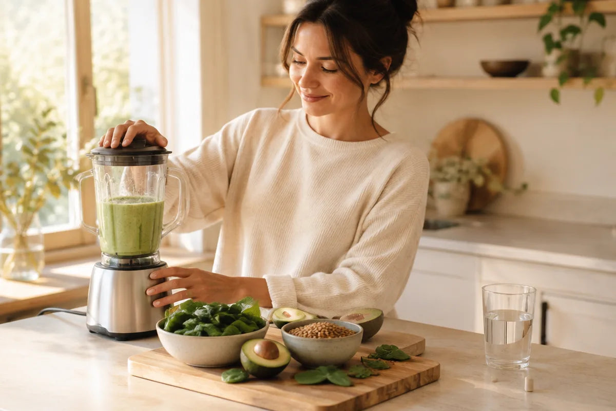 A woman making a green smoothie in a bright kitchen