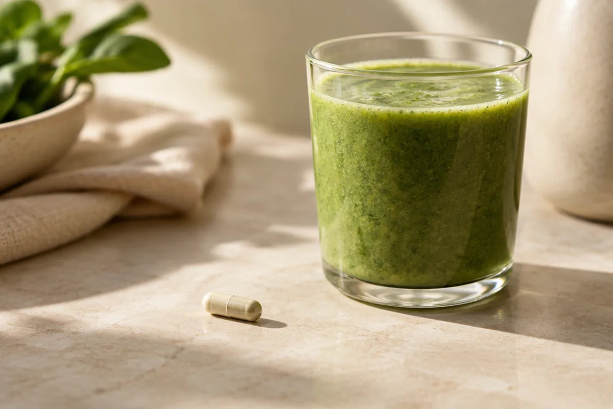 A capsule on a kitchen counter next to a glass of green smoothie
