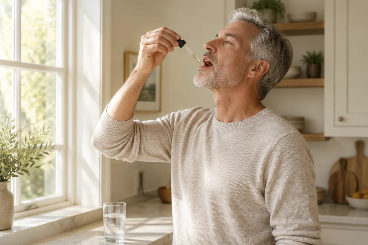 A man taking drops from a dropper in a bright kitchen