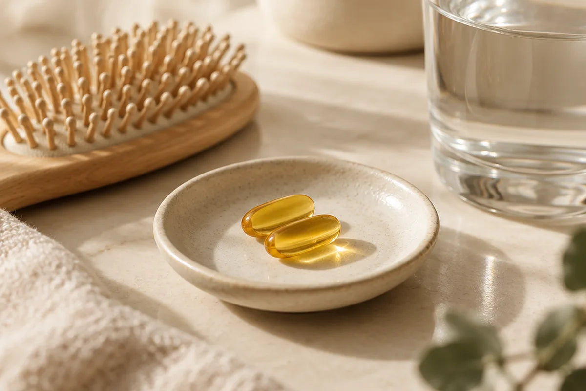 Two softgels on a small dish next to a glass of water