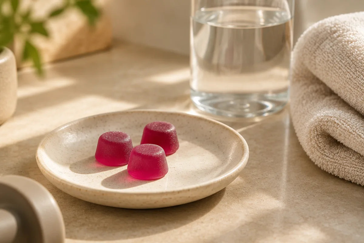 Three red gummies on a plate next to a glass of water