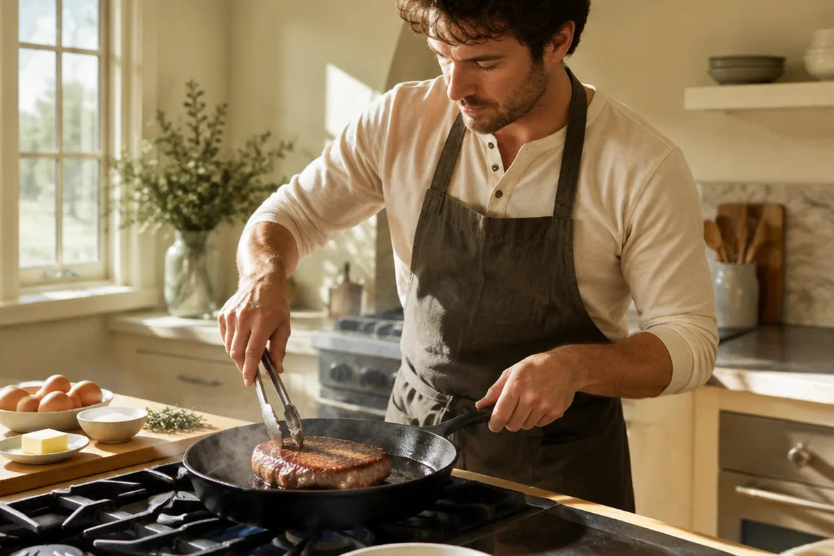 A man searing a steak in a cast-iron pan in a home kitchen