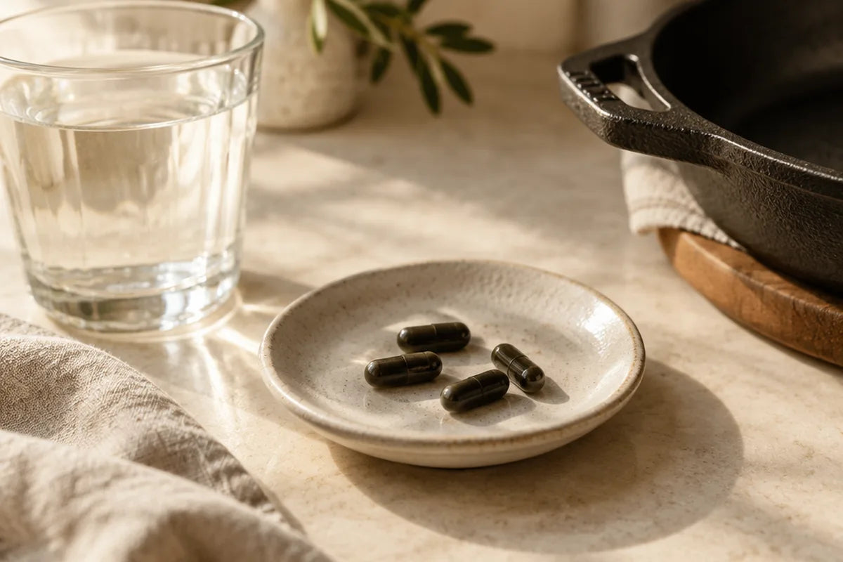 Four dark capsules on a small plate next to a glass of water and a cast-iron pan