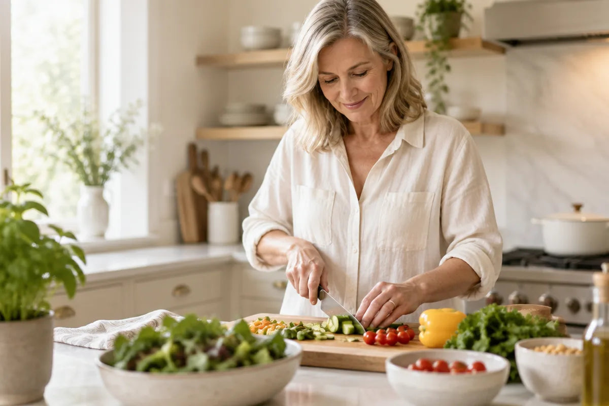 A woman chopping vegetables in a bright kitchen