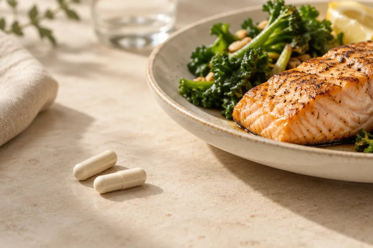Two capsules next to a plate of salmon and greens