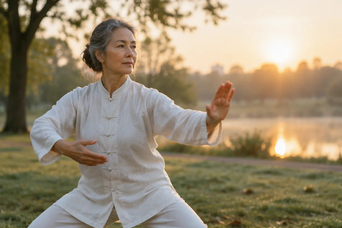 A woman practising tai chi by a lake at sunrise
