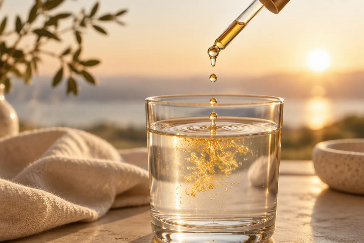 A dropper releasing drops into a glass of water