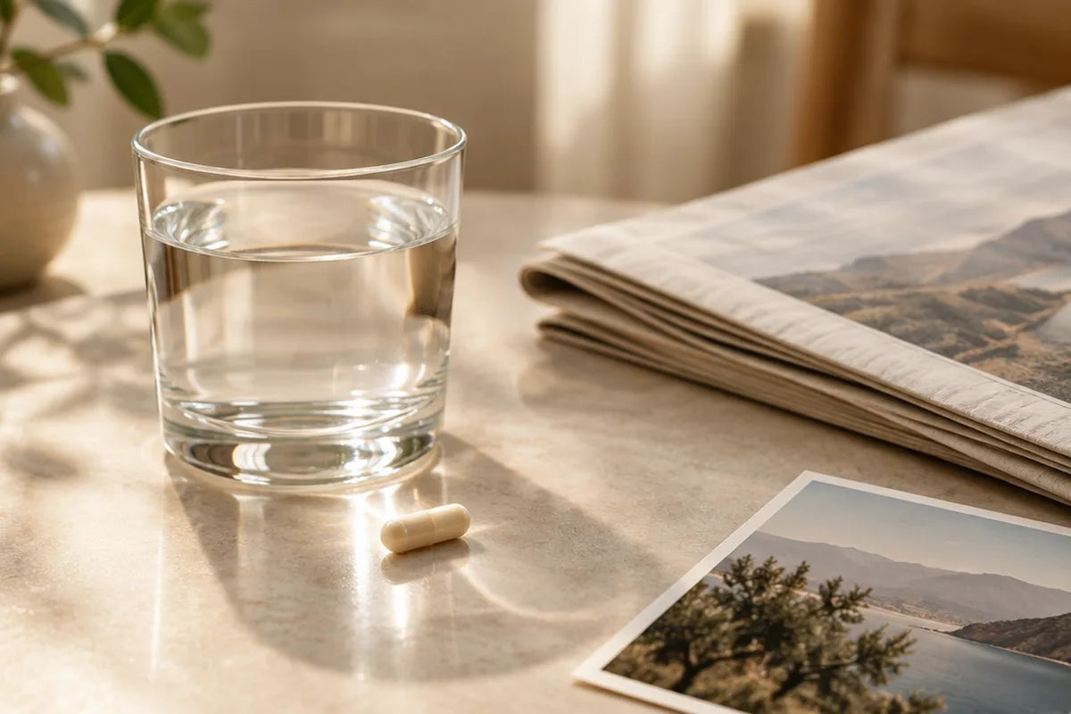 One capsule on a table next to a glass of water