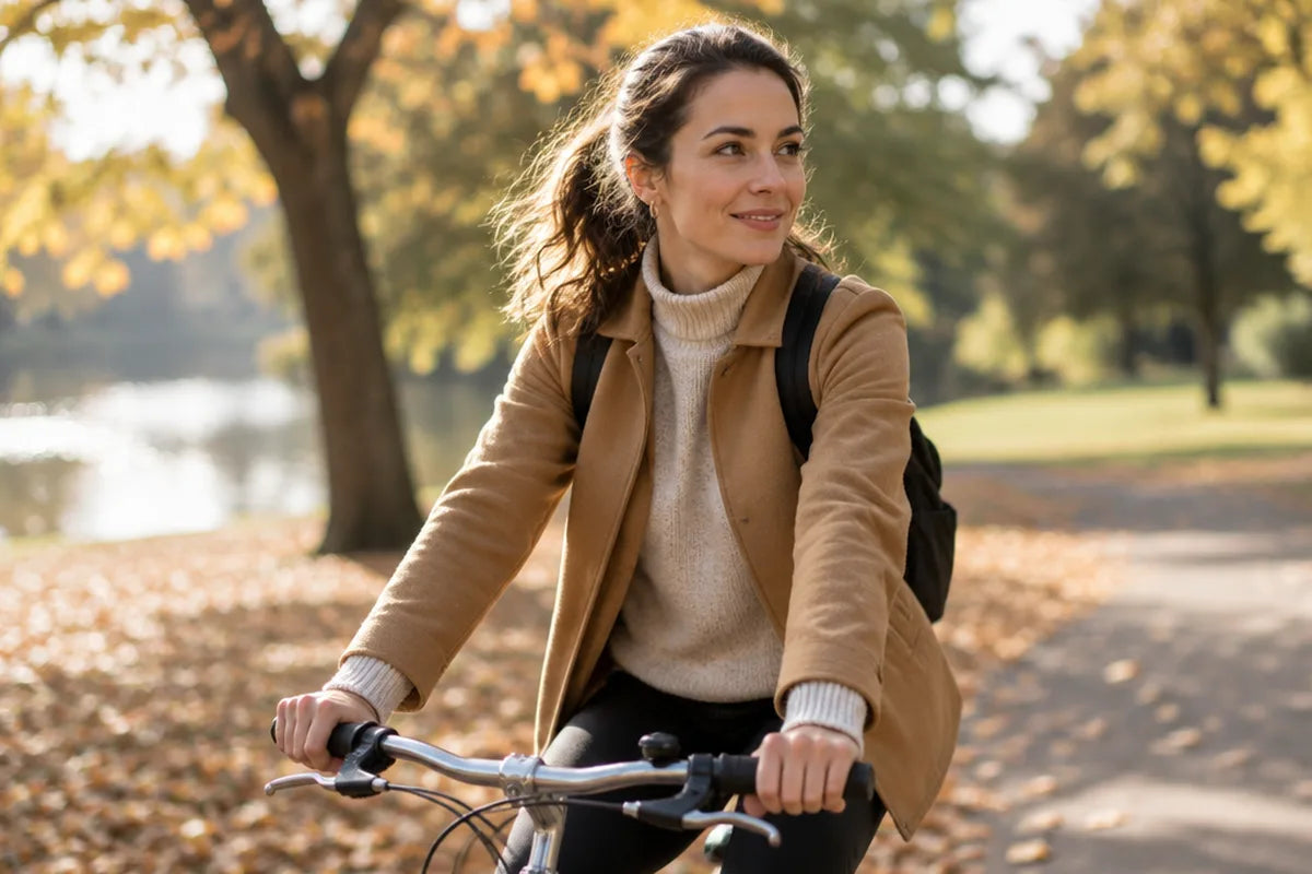 A woman cycling through a park in autumn