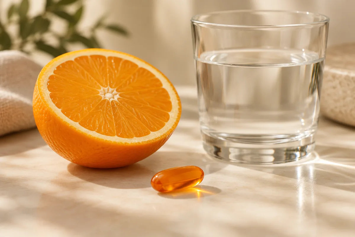 A vitamin C softgel next to half an orange and a glass of water
