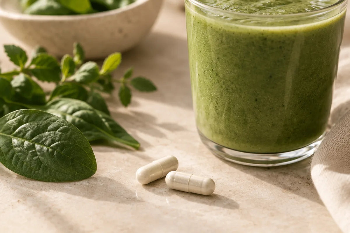 Two capsules next to a green smoothie and fresh leaves