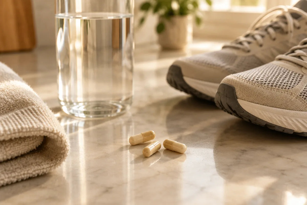 Three capsules on a counter next to a glass of water, a towel and a pair of trainers