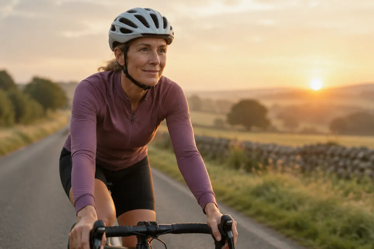 A woman cycling on a country road at sunrise