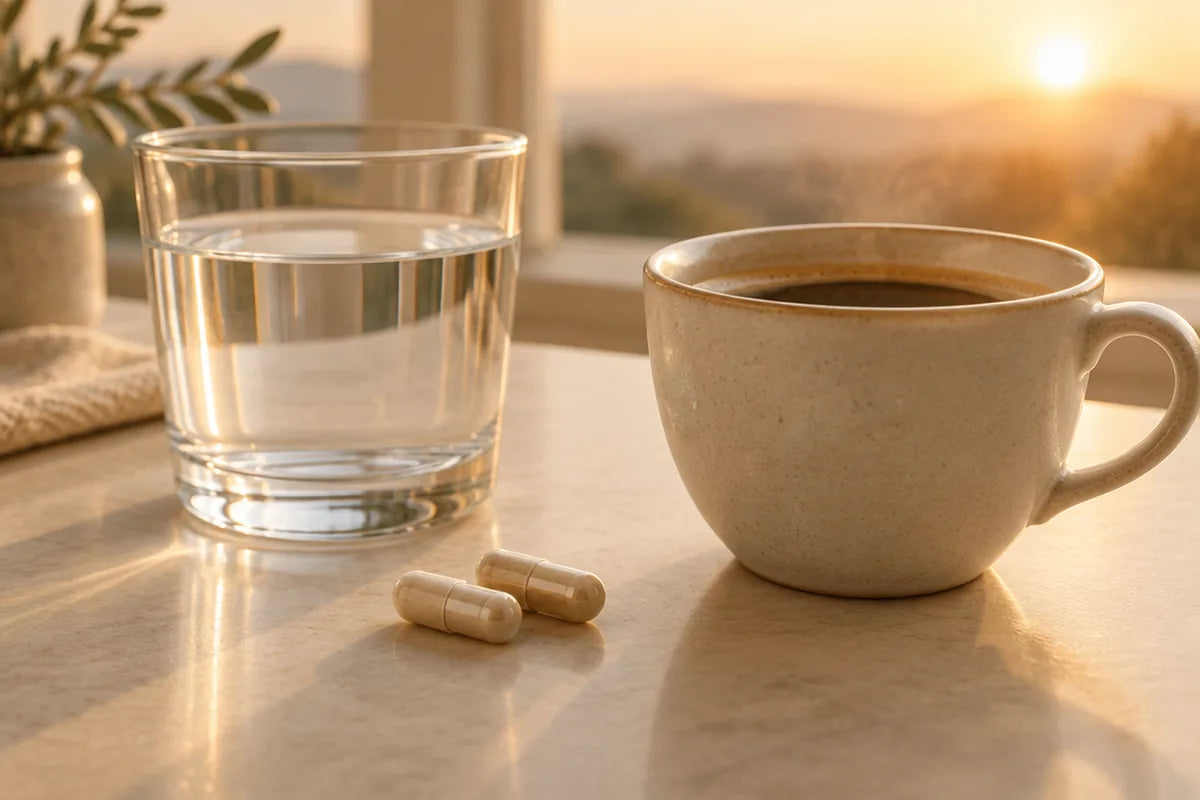 Two capsules on a table next to a glass of water and a coffee