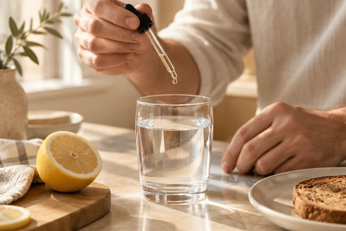 A man adding drops to a glass of water at a kitchen table