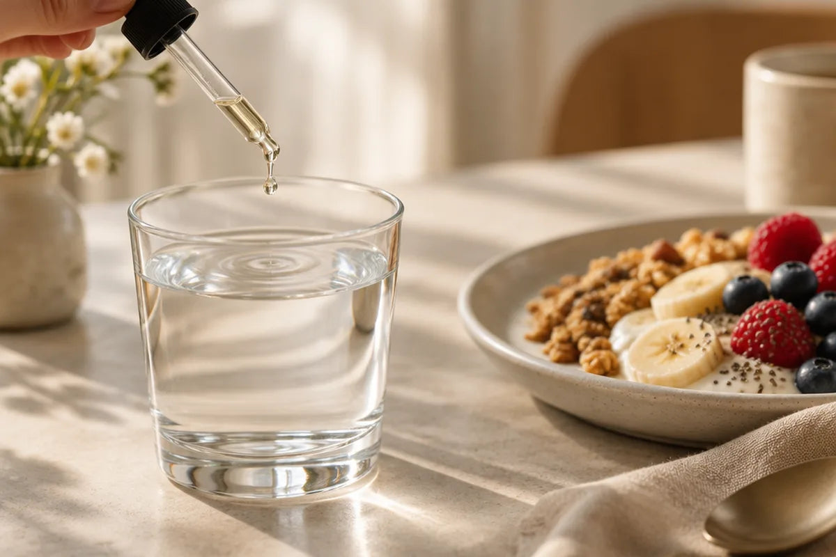 A dropper releasing liquid into a glass of water next to a breakfast bowl