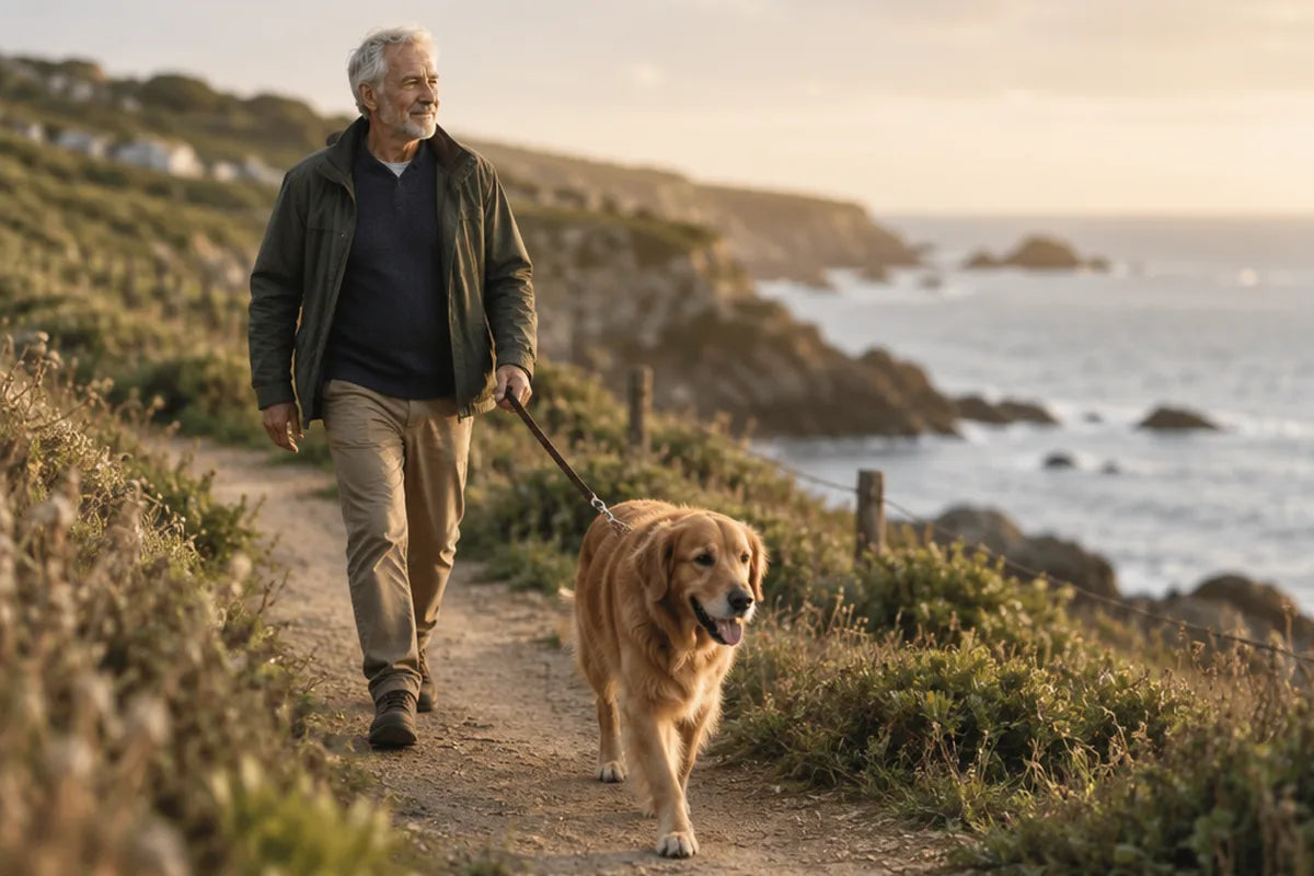 A man walking a golden retriever on a coastal path