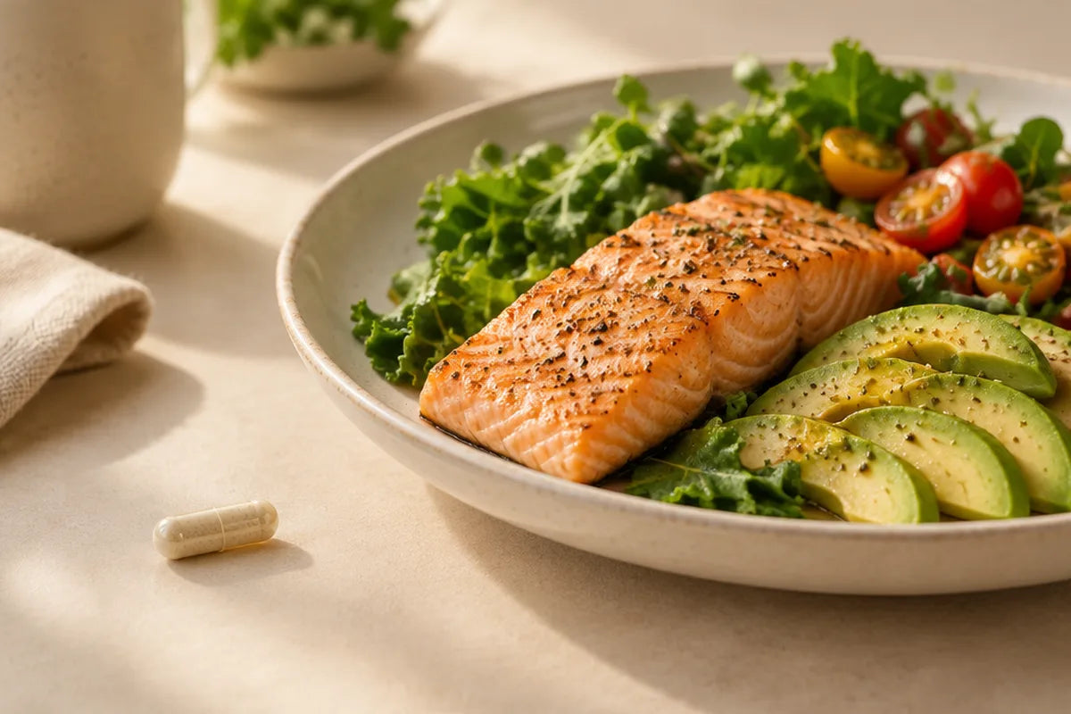 One capsule next to a plate of salmon, salad and avocado