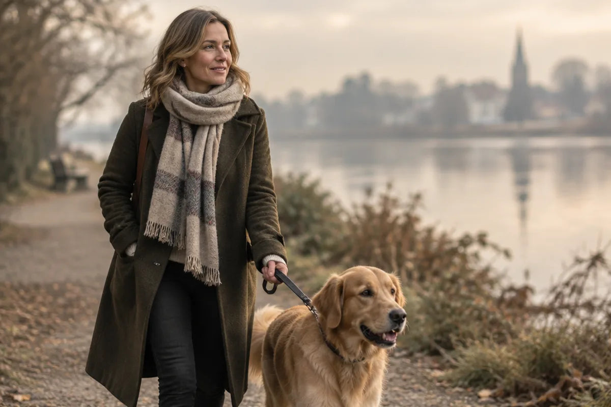A woman walking her dog by a river in autumn