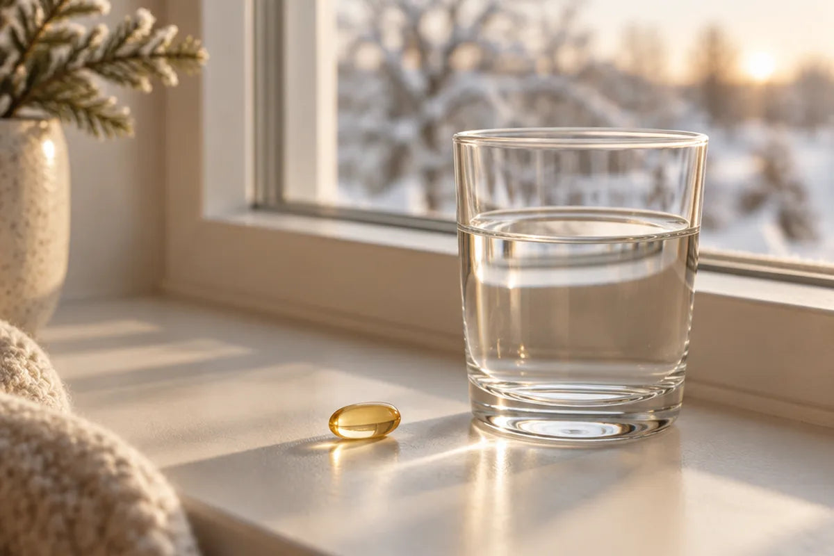 One Vitamin D3 + K2 softgel next to a glass of water on a windowsill