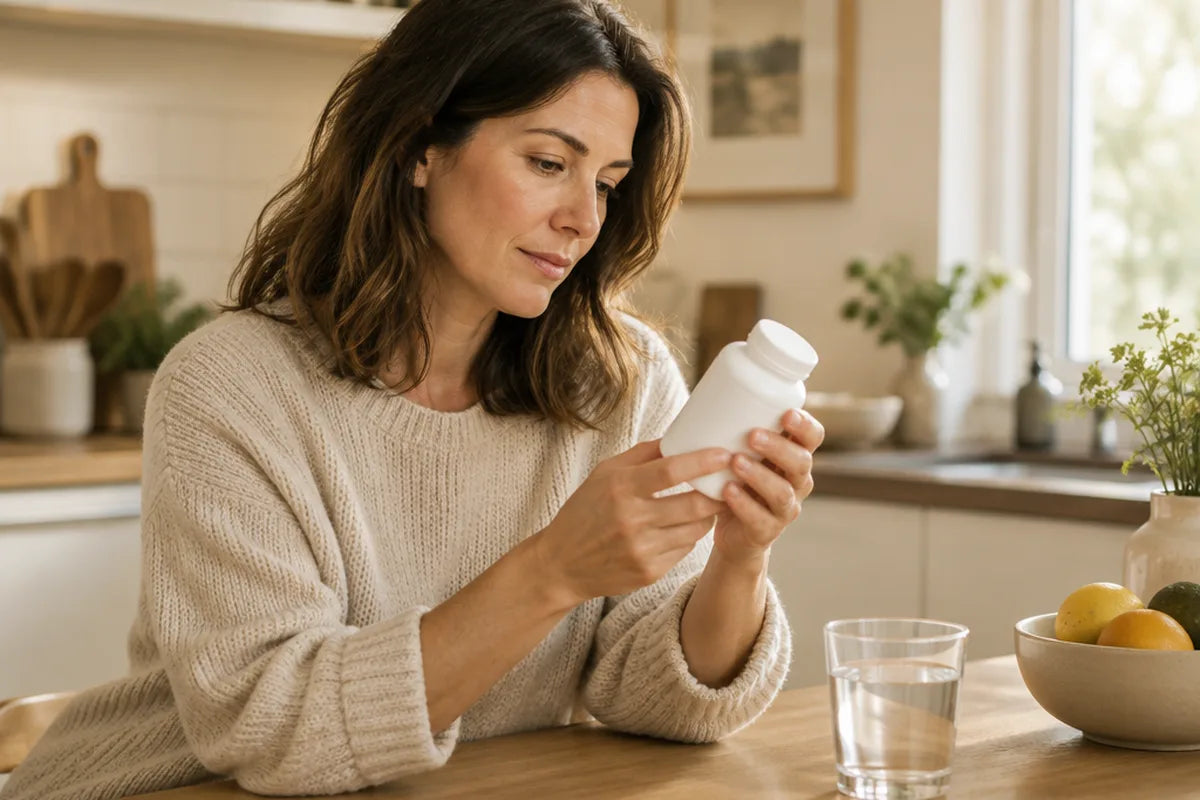 A woman at a kitchen table reading the label on a supplement bottle