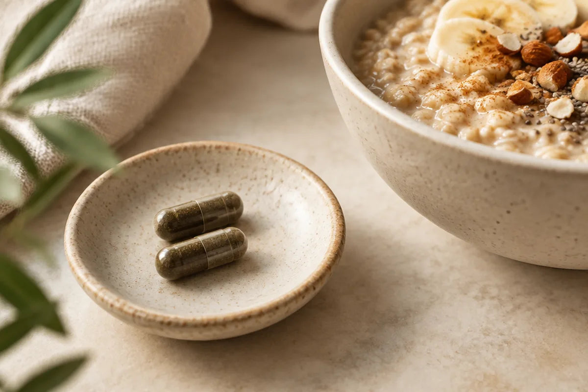 Two capsules on a small dish next to a bowl of porridge