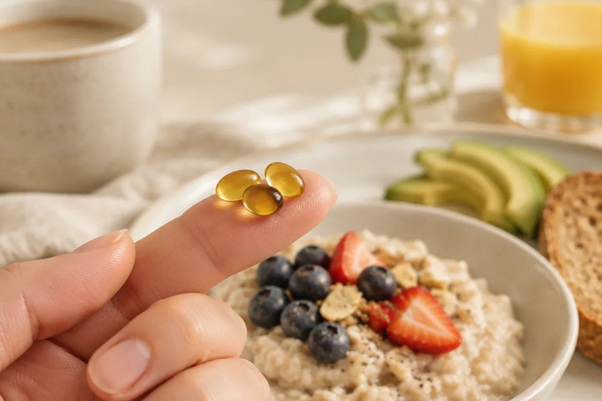 Three pumpkin seed oil softgels held above a breakfast bowl