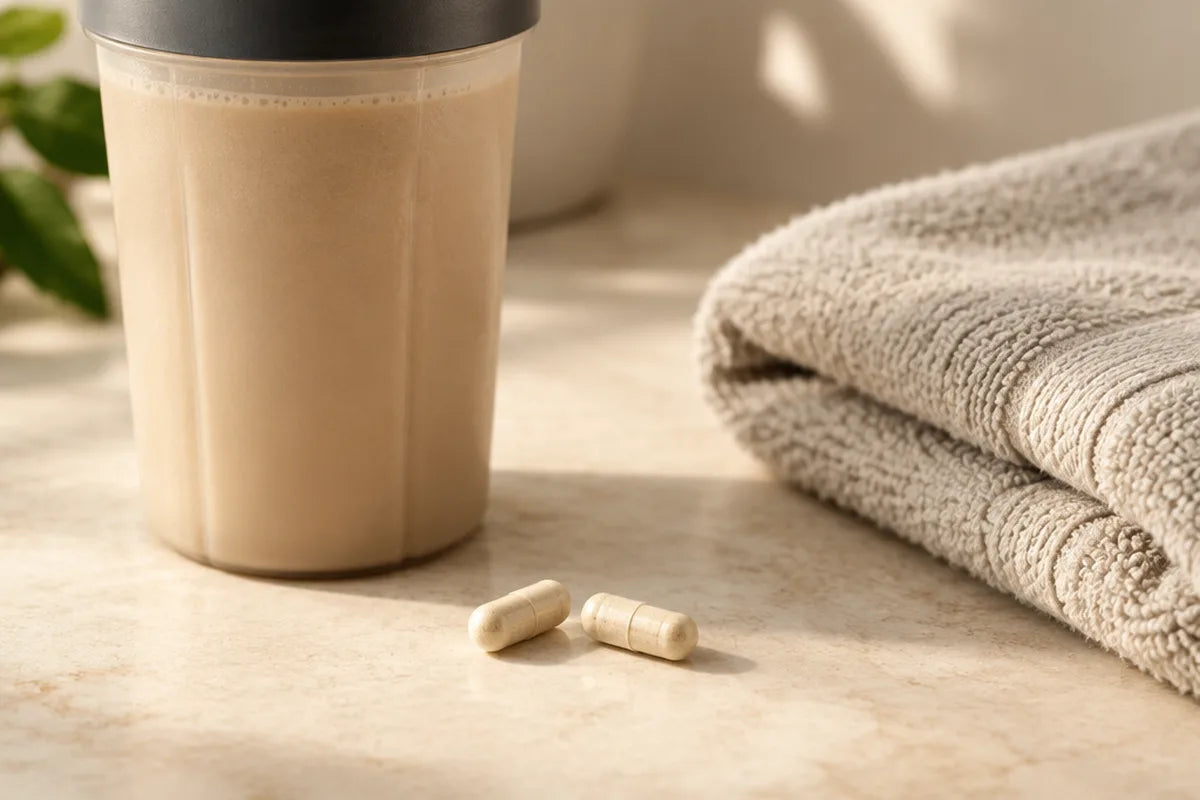 Two capsules on a counter next to a shaker bottle and a folded towel